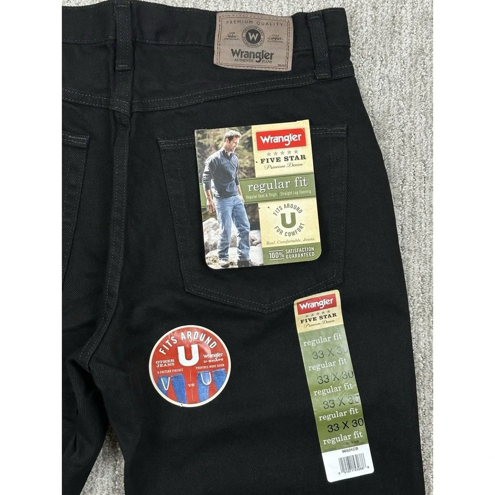 Wrangler Mens 33x30 Five Star Premium Denim Regular Fit U Shape Black Jeans NWT